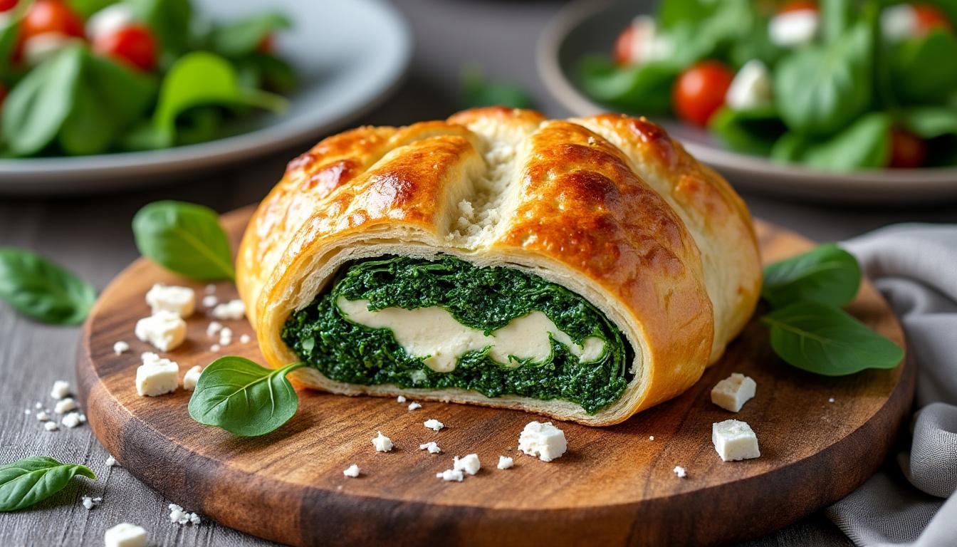 découvrez la recette élégante et gourmande du wellington végétarien aux épinards et feta, idéale pour un repas savoureux et raffiné.