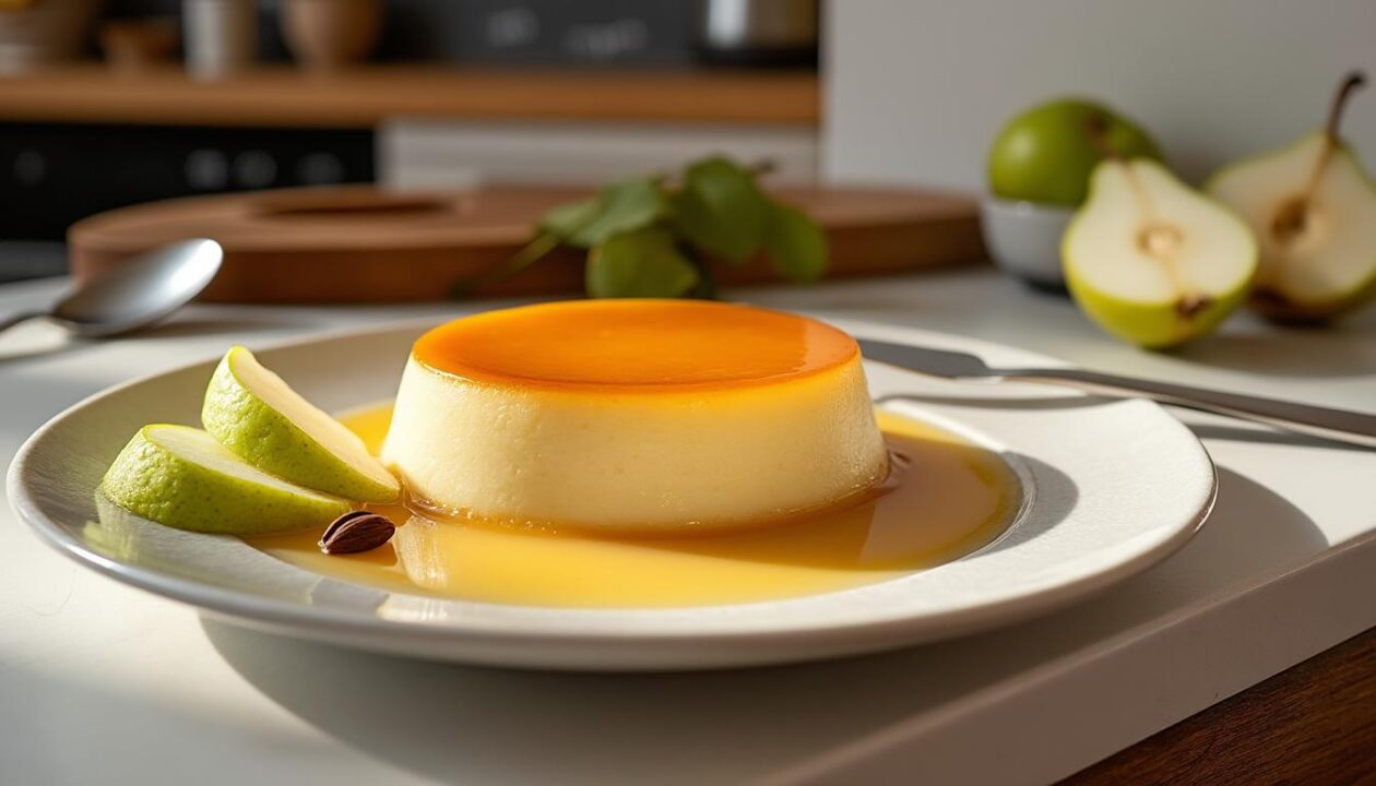 savourez le flan poires et cardamome 100% végétal, une délicieuse spécialité gourmande disponible chez john silver à marseille.